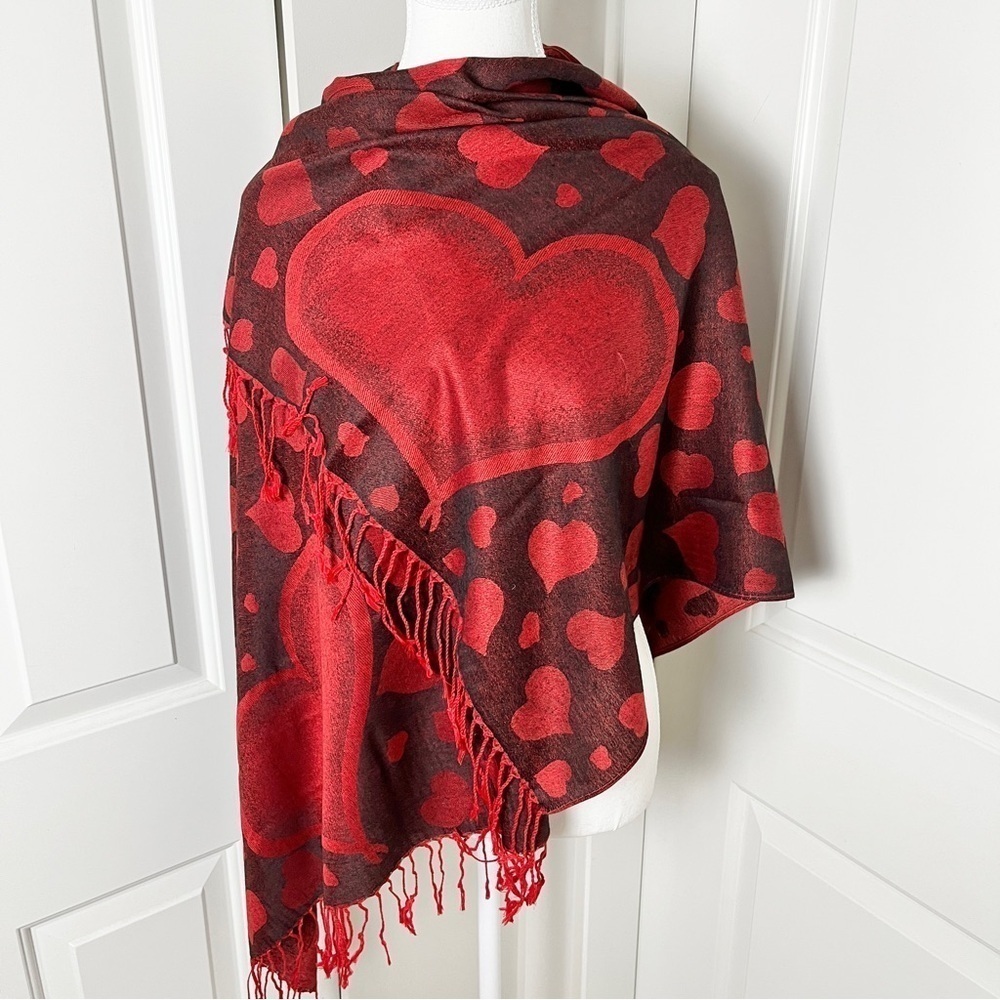 Versatile Heart Print Red Scarf/Shawl - Style with Love - One Size - Picture 2 of 7